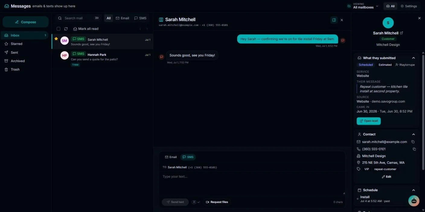 Persilio Messages inbox showing a text conversation with a customer, and a side panel with the customer's contact details, what they submitted, and their upcoming install