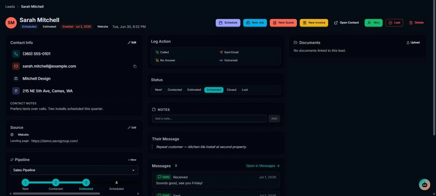 A lead's page in Persilio with contact info, where the lead came from, pipeline stage, buttons to schedule, create a job, quote or invoice, and the text messages exchanged