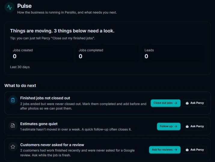 Persilio Pulse page listing what to do next: finished jobs not closed out, estimates gone quiet, and customers never asked for a review