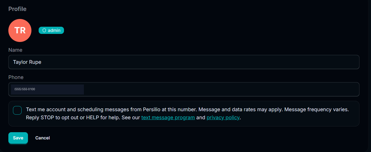 Persilio profile settings showing a mobile number field and a consent checkbox reading: Text me account and scheduling messages from Persilio at this number. Message and data rates may apply. Message frequency varies. Reply STOP to opt out or HELP for help.